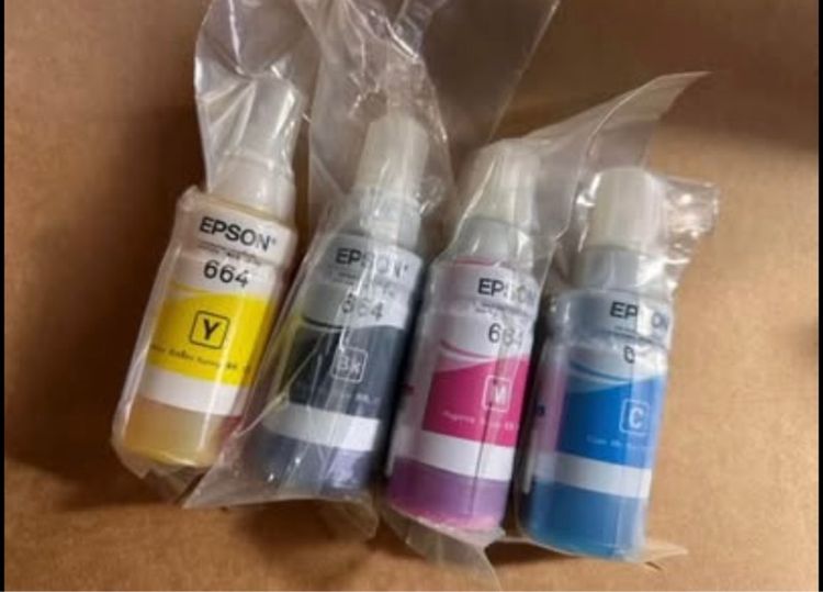 หมึกเติม Epson 664 Bk C M Y จำนวน 4 ขวด แบบไม่มีกล่อง ของแท้ สำหรับหมึก L-SERIES EPSON T6641 สภาพใหม่ยังไม่ได้แกะใช้งาน ราคาไม่แพง รูปที่ 2