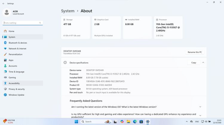 ขาย โน็ตบุ๊ค Acer TravelMate P214 Core i5 Gen11 Ram 8GB M.2 512GB.แบตเก็บนานๆ วินโดว์แท้ การ์ดจอแยก ราคา7,300บาท รูปที่ 13