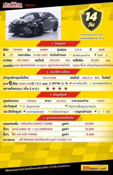 Toyota Camry 2019 2.0 G Sedan เบนซิน ไม่ติดแก๊ส เกียร์อัตโนมัติ ดำ รูปที่ 2
