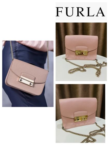 หญิง ชมพู หนังแท้ กระเป๋า FURLA Metropolis Mini ของแท้ มือสอง สภาพสวย