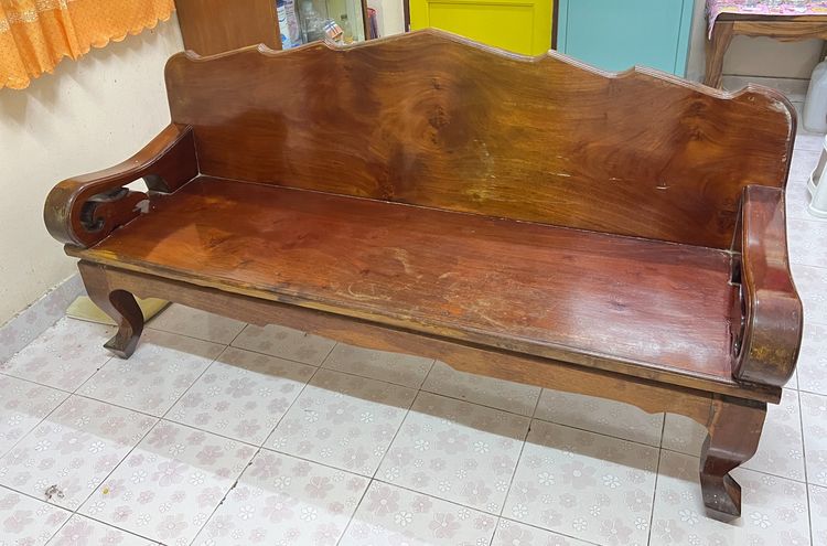 น้ำตาล 3 ที่นั่ง เก้าอี้ไม้สักยาว โซฟาไม้สักเก่า 60+ ปี