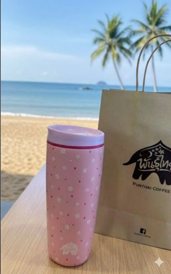 แก้วกาแฟพันธุ์ไทย (สีชมพูลายดอกซากุระ ที่สาวๆพลาดไม่ได้ หายากสุดๆ) แบบยกดื่ม