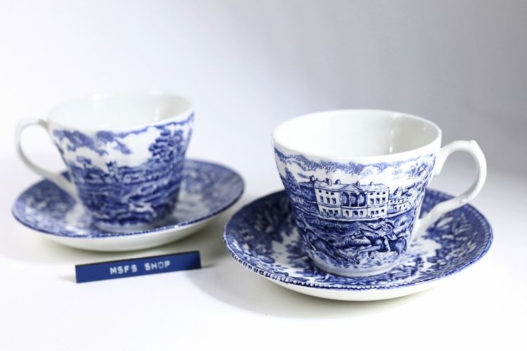 อุปกรณ์ในครัวอื่นๆ Vintage Flat Cup+Saucer Set England's Heritage Blue - H.Aynsley Co. Ltd Ironstone ชุดแก้วและจานรองพิมพ์ลาย สีน้ำเงิน จำนวน 2 ชุด