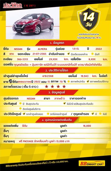 Nissan Almera 2022 1.0 EL Sedan เบนซิน ไม่ติดแก๊ส เกียร์อัตโนมัติ แดง รูปที่ 2