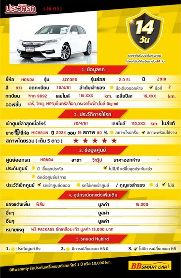 Honda Accord 2018 2.0 EL Sedan เบนซิน ไม่ติดแก๊ส เกียร์อัตโนมัติ ขาว รูปที่ 2