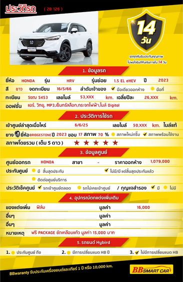 Honda HR-V 2023 1.5 EL e:HEV Utility-car ไฮบริด ไม่ติดแก๊ส เกียร์อัตโนมัติ ขาว รูปที่ 2