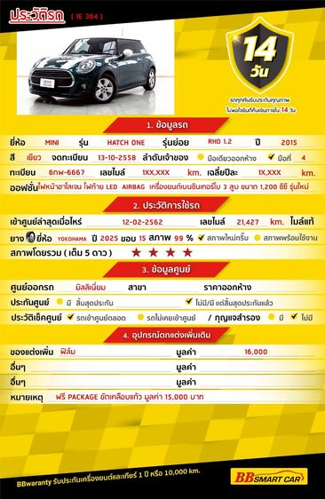 Mini รุ่นอื่นๆ 2015 รุ่นย่อยอื่นๆ Sedan เบนซิน ไม่ติดแก๊ส เกียร์อัตโนมัติ เขียว รูปที่ 2