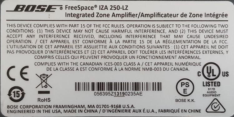 BOSE FreeSpace® IZA 250-LZ Compact Mixer Integrated Zone Power Amplifier รูปที่ 13