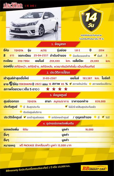Toyota Altis 2014 1.8 E Sedan เบนซิน ไม่ติดแก๊ส เกียร์อัตโนมัติ ขาว รูปที่ 2