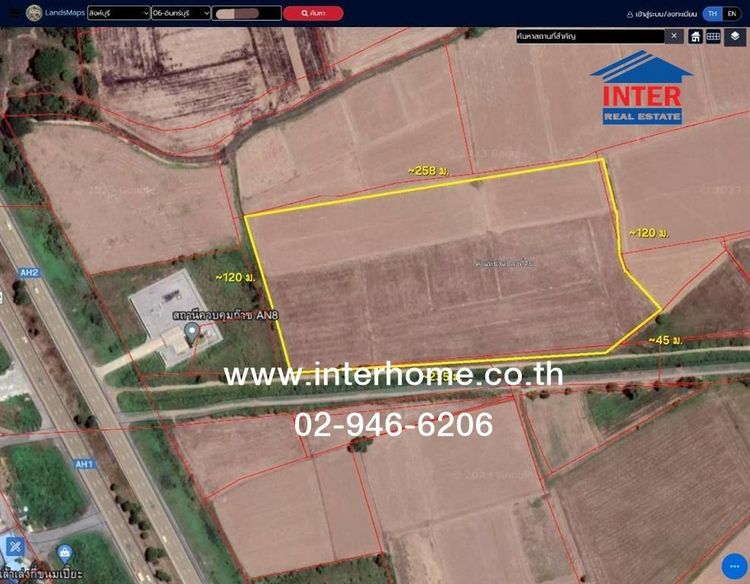 ที่ดินเปล่า 21 ไร่ 92 ตร.ว. ที่ดิน สิงห์บุรี ใกล้สถานีควบคุมก๊าซ AN8 (ปตท.) ถนนหมายเลข ทล32 AH2  ทางหลวงเอเชียสาย 2 อินทร์บุรี 