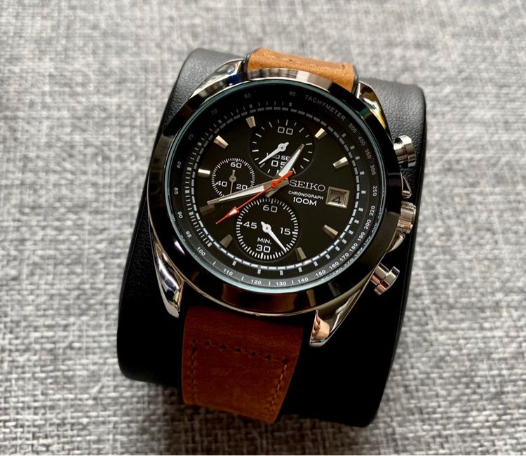 ดำ seiko 5 โครโนกราฟ จับเวลา สายหนัง