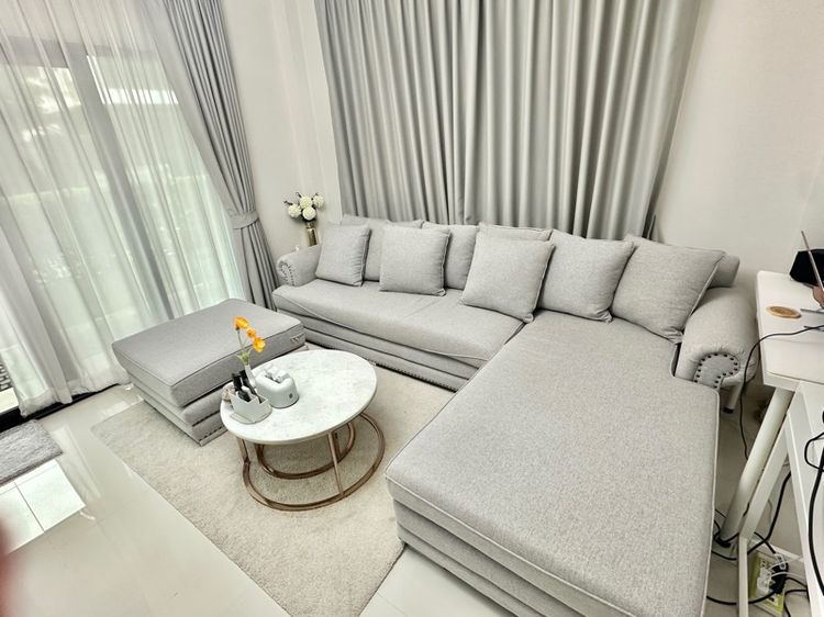 ผ้า 3 ที่นั่ง โซฟา ตัวL สีเทา