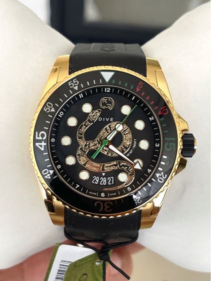GUCCI DRIVE 45mm Gold Snake Black Dial Rubber Band Swiss Watch YA136219 รูปที่ 4