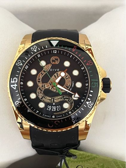 ดำ GUCCI DRIVE 45mm Gold Snake Black Dial Rubber Band Swiss Watch YA136219