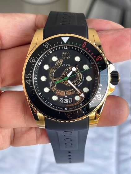 GUCCI DRIVE 45mm Gold Snake Black Dial Rubber Band Swiss Watch YA136219 รูปที่ 7