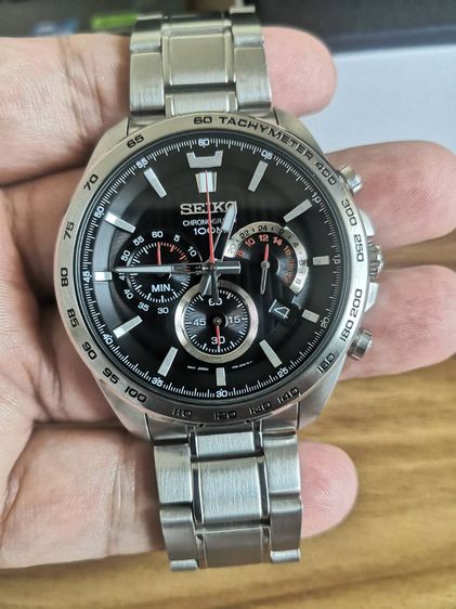 SEIKO Men's Watch Quartz Black Dial Chronograph Silver Stainless Steel SSB299