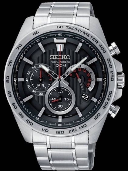 SEIKO Men's Watch Quartz Black Dial Chronograph Silver Stainless Steel SSB299 รูปที่ 8