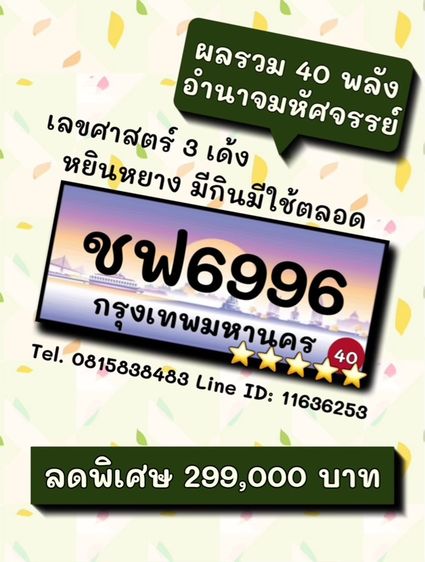 ทะเบียนรถ ทะเบียนประมูล ชฟ6996 (ผลรวมดีมาก 40 พลังอำนาจมหัศจรรย์)