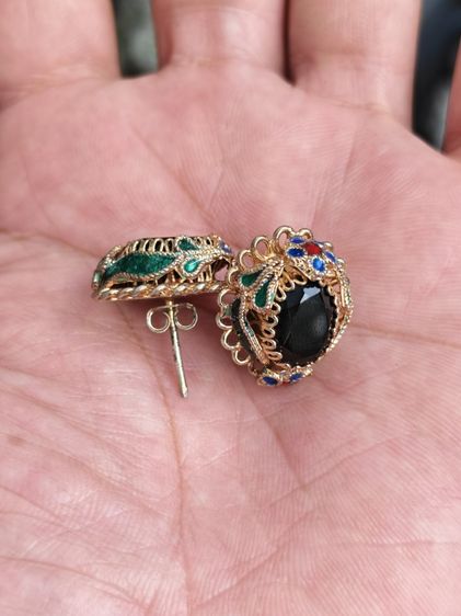 ต่างหูเงินแท้กะไหล่ทอง ลงยา หัวนิล งานเก่าโบราณ สวยหายากที่สุดครับ รูปที่ 2