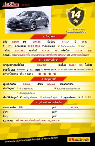 Honda Civic 2022 1.5 EL+ Sedan เบนซิน ไม่ติดแก๊ส เกียร์อัตโนมัติ เทา รูปที่ 2