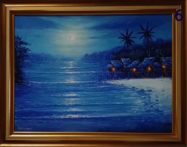 ภาพวาดสีน้ำมันบนผ้าใบ(Oil Painting on Canvas) ชื่อภาพ"พระจันทร์เต็มดวงที่หมู่บ้านชาวประมง" ขนาด 92.8×73.1cm เป็นของใหม่ ภาพวาดจริง Original รูปที่ 3