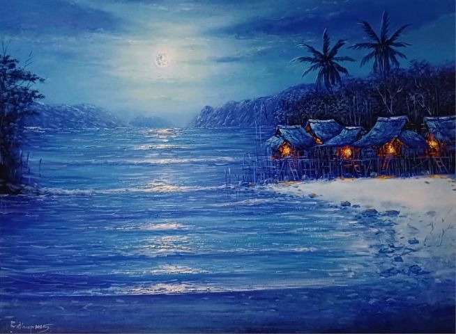 ภาพวาดสีน้ำมันบนผ้าใบ(Oil Painting on Canvas) ชื่อภาพ"พระจันทร์เต็มดวงที่หมู่บ้านชาวประมง" ขนาด 92.8×73.1cm เป็นของใหม่ ภาพวาดจริง Original รูปที่ 4