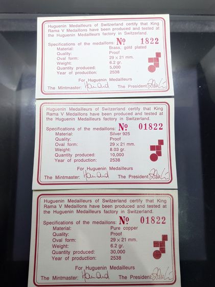 สมเด็จพระปิยมหาราช (สองหน้า รุ่นแรก) ชุด 3 เหรียญ เนื้อเงิน ทองแดง ชุบทอง ขัดเงา บล็อกฮูกานิน สวิสๆ วัดสุทัศน์ๆ พ.ศ.2537 กล่องเดิม รูปที่ 6