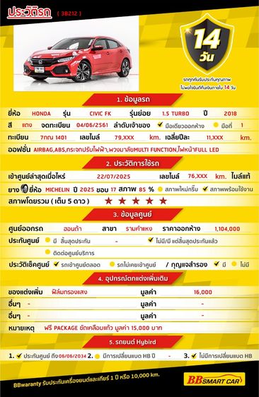 Honda Civic 2018 1.5 Turbo Sedan เบนซิน ไม่ติดแก๊ส เกียร์อัตโนมัติ แดง รูปที่ 2