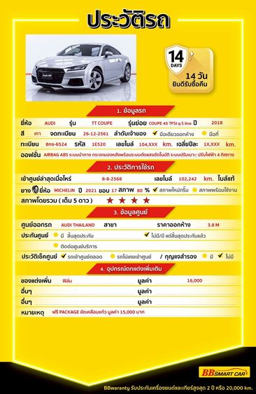 Audi Audi TT 2018 2.0 TFSI Quattro S Line 4WD Sedan เบนซิน ไม่ติดแก๊ส เกียร์อัตโนมัติ เทา รูปที่ 2