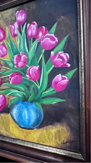 ภาดวาดดอกทิวลิปสีชมพูในแจกันสีฟ้า รูปที่ 3