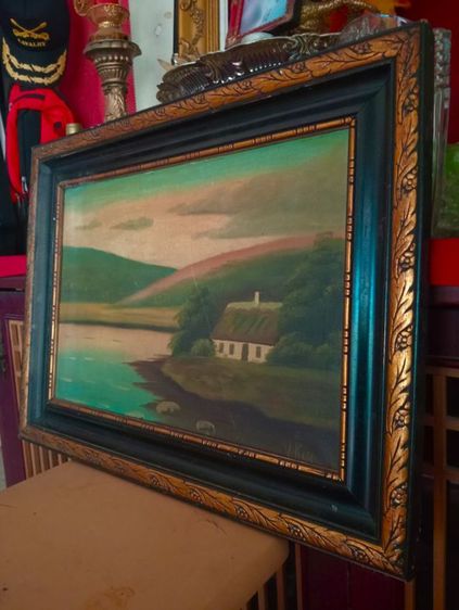 อังกฤษ วาดฝีมือด้วยสีน้ำมันบนผ้าแคนวาสกรอบไม้เก่าโบราณเดิมสภาพเยี่ยม รูปที่ 2