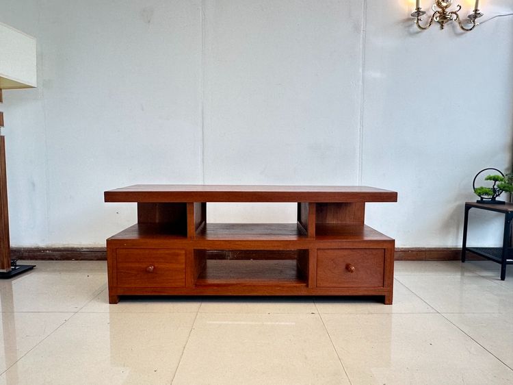 ตู้วางทีวีไม้สัก สไตล์วินเทจ 2 ลิ้นชัก 4 ช่องวางของ สีน้ำตาลแดง