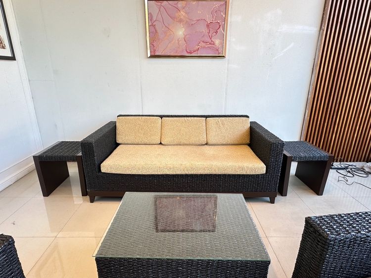 ชุดรับแขกผักตบ 4 ที่นั่ง โต๊ะกลางท็อปกระจกสีดำ พร้อมโต๊ะข้าง รูปที่ 6