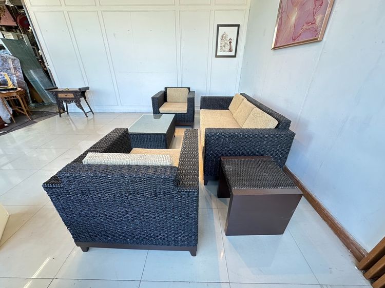 ชุดรับแขกผักตบ 4 ที่นั่ง โต๊ะกลางท็อปกระจกสีดำ พร้อมโต๊ะข้าง รูปที่ 5