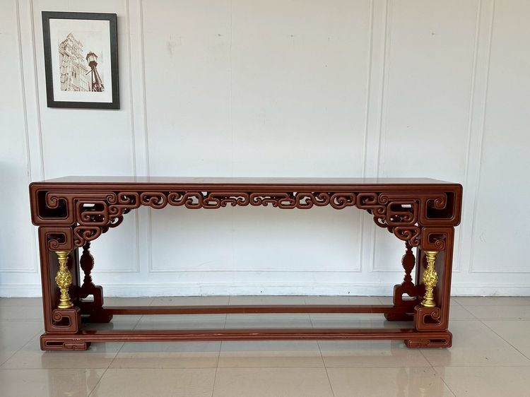 โต๊ะคอนโซลไม้จริง สไตล์จีน ตกแต่งแกะสลักสีทอง