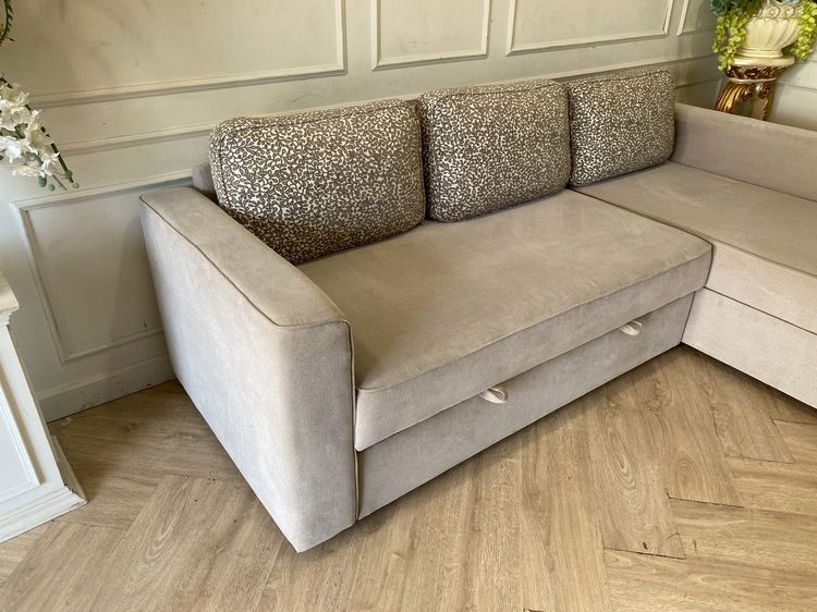 โซฟา 3 ที่นั่ง มีลิ้นชักดึงนอน เข้ามุมแอล เบาะผ้า สีเทา รูปที่ 8