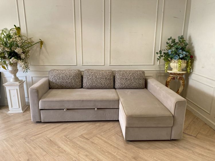 โซฟา 3 ที่นั่ง มีลิ้นชักดึงนอน เข้ามุมแอล เบาะผ้า สีเทา