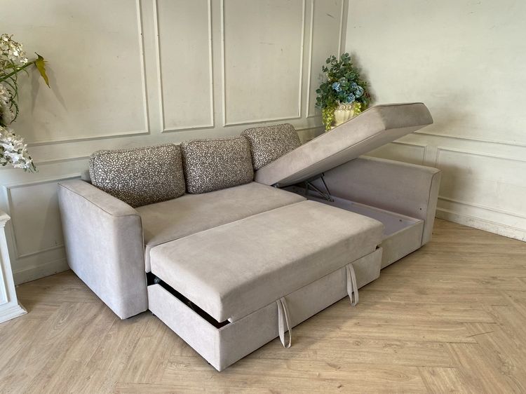 โซฟา 3 ที่นั่ง มีลิ้นชักดึงนอน เข้ามุมแอล เบาะผ้า สีเทา รูปที่ 7