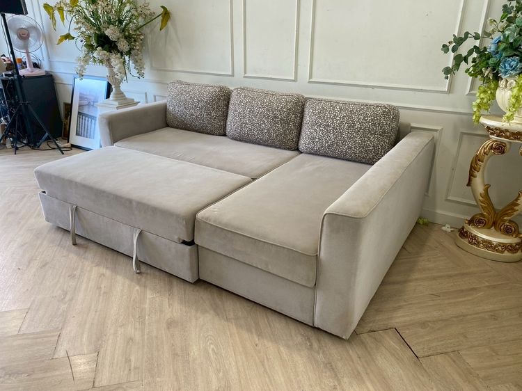 โซฟา 3 ที่นั่ง มีลิ้นชักดึงนอน เข้ามุมแอล เบาะผ้า สีเทา รูปที่ 4