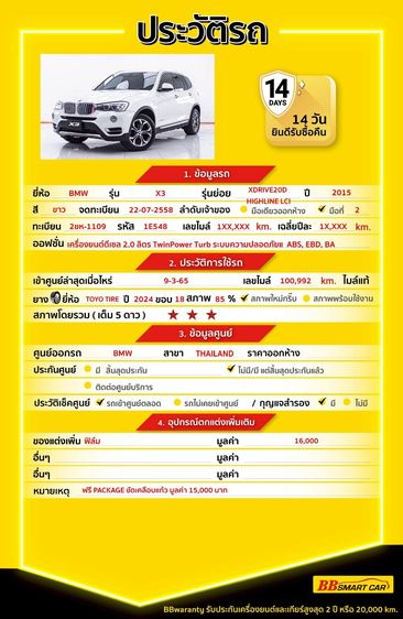 BMW X3 2015 2.0 xDrive20d Highline 4WD Utility-car ดีเซล ไม่ติดแก๊ส เกียร์อัตโนมัติ ขาว รูปที่ 2