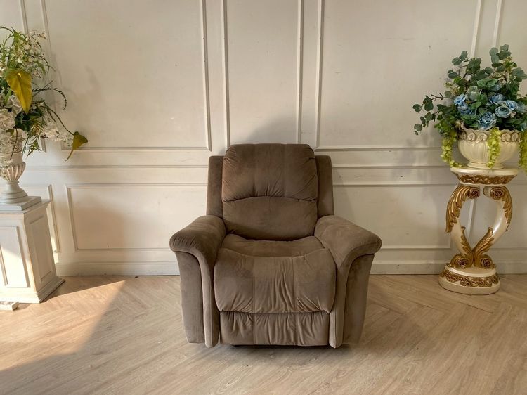 เก้าอี้นวม/เก้าอี้มีที่เท้าแขน ผ้าหุ้มเบาะ เก้าอี้พักผ่อน 1 ที่นั่ง เก้าอี้ปรับเอนนอน โซฟาพักผ่อน เบาะผ้า สีเทา Caution 