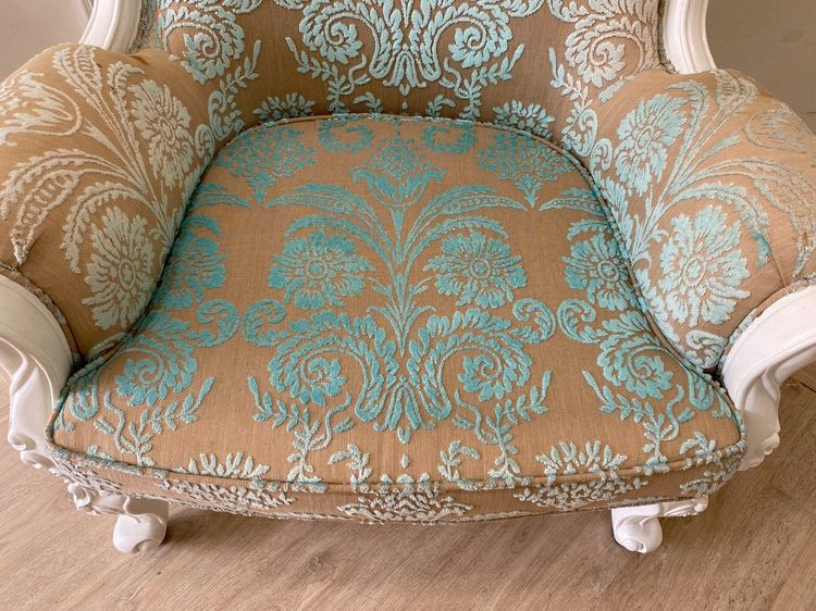 เก้าอี้ไม้หลุยส์ 1 ที่นั่ง เบาะผ้า ลายสีฟ้า รูปที่ 6