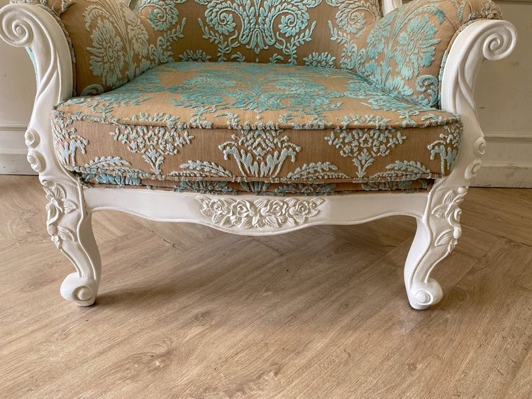 เก้าอี้ไม้หลุยส์ 1 ที่นั่ง เบาะผ้า ลายสีฟ้า รูปที่ 7