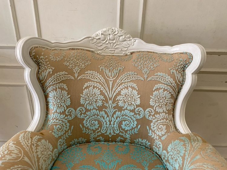 เก้าอี้ไม้หลุยส์ 1 ที่นั่ง เบาะผ้า ลายสีฟ้า รูปที่ 4