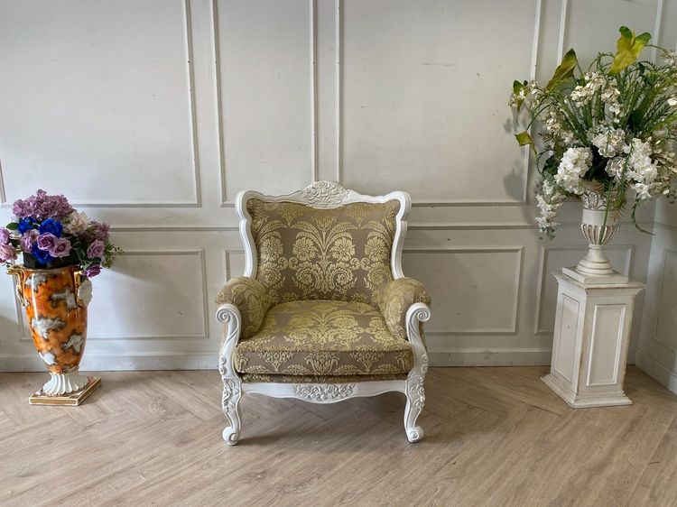 เก้าอี้นวม/เก้าอี้มีที่เท้าแขน ผ้าหุ้มเบาะ เก้าอี้ไม้หลุยส์ 1ที่นั่ง เบาะผ้า ลายสีเหลือง