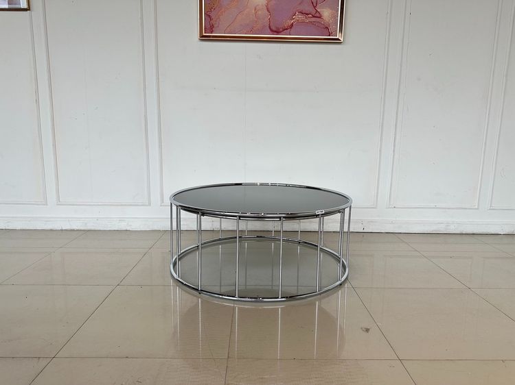 โต๊ะกลาง ท็อปกระจกทรงกลม ขาเหล็ก 