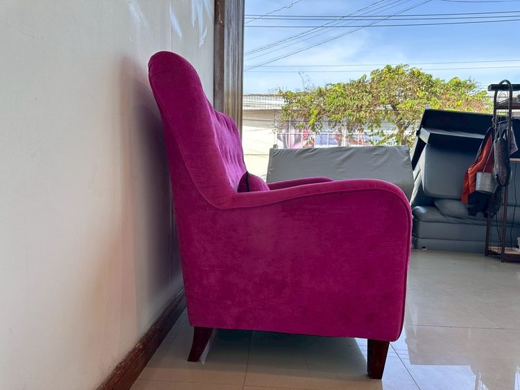 โซฟาเจ้าหญิง 2 ที่นั่ง เบาะผ้าสีชมพูบานเย็น พนักพิงดึงดุม โครงขาไม้ รูปที่ 3