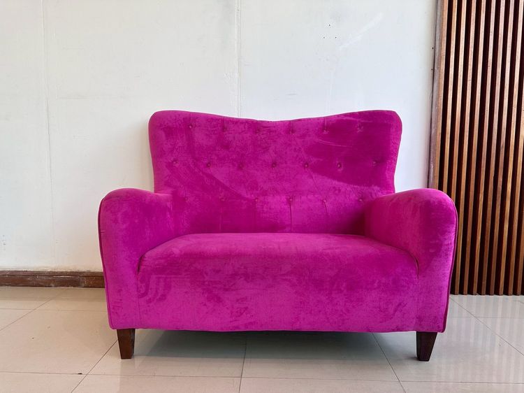 โซฟาเจ้าหญิง 2 ที่นั่ง เบาะผ้าสีชมพูบานเย็น พนักพิงดึงดุม โครงขาไม้ รูปที่ 9
