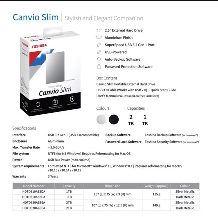 Toshiba External HDD (2TB) USB 3.2  SuperSpeed,(Canvio Slim)  Security Auto-backup 2.5" สีดำ ฮาร์ดดิสพกพา (HDTD320AK3EA) รูปที่ 13
