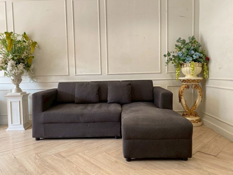 โซฟาเข้ามุมแอล 3 ที่นั่ง เบาะผ้า สีเทาเข้ม